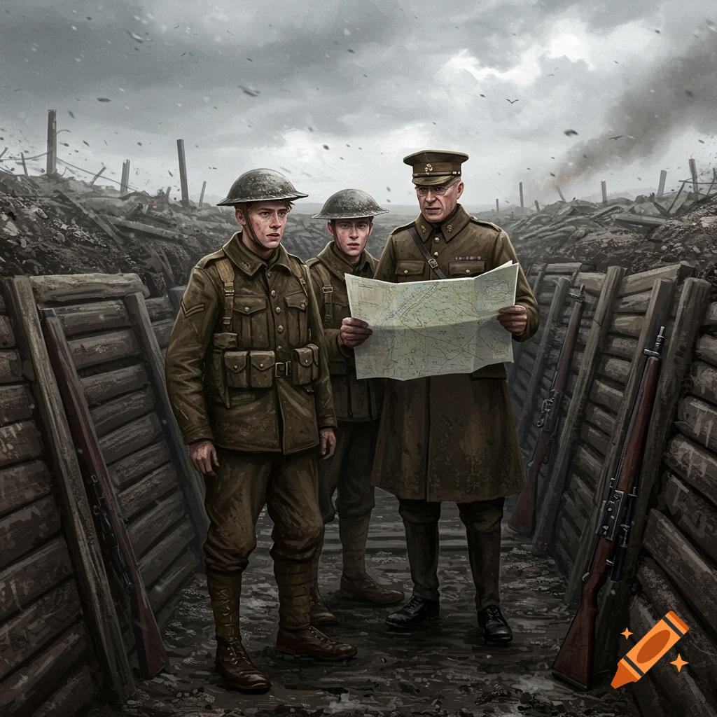 Three WWI soldiers, an officer and two younger men, huddle in a muddy trench examining a map under a stormy sky.