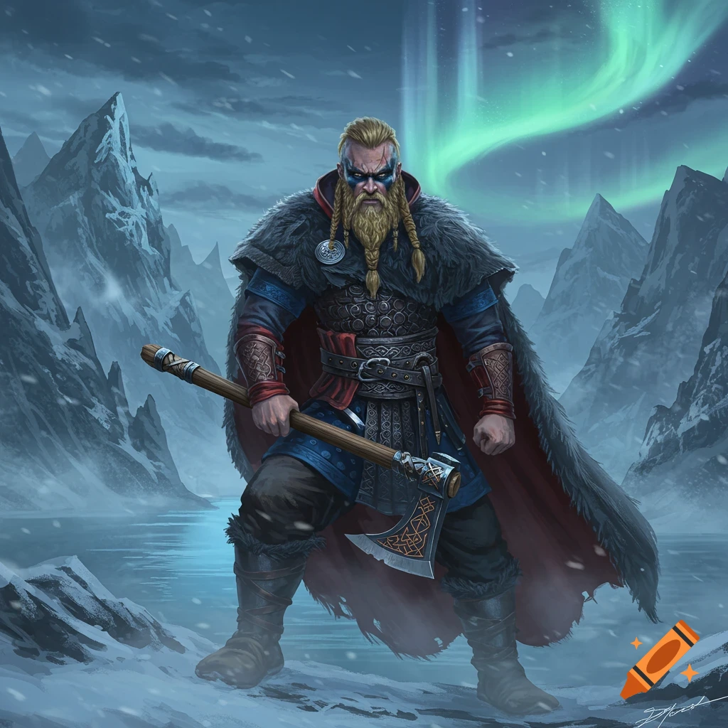 A bearded Viking warrior stands defiantly, holding a large axe, in a snowy, mountainous landscape under the aurora borealis. Digital art.