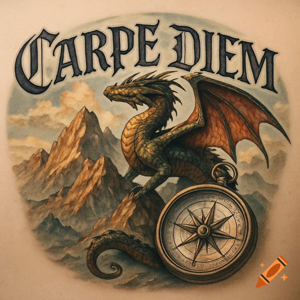 Vintage-style illustration of a green dragon on mountains, text 'CARPE DIEM', and a brass compass.