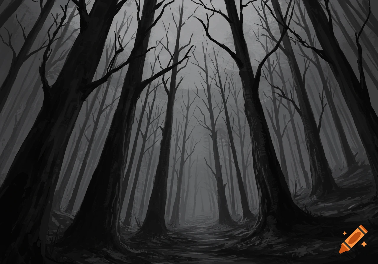 A dark, misty forest with tall, bare trees and a winding trail, depicted in a spooky, monochromatic art style.