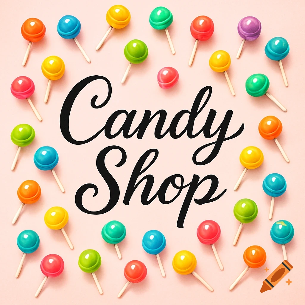 Colorful lollipops scattered around the black text 'Candy Shop' on a pastel pink background.