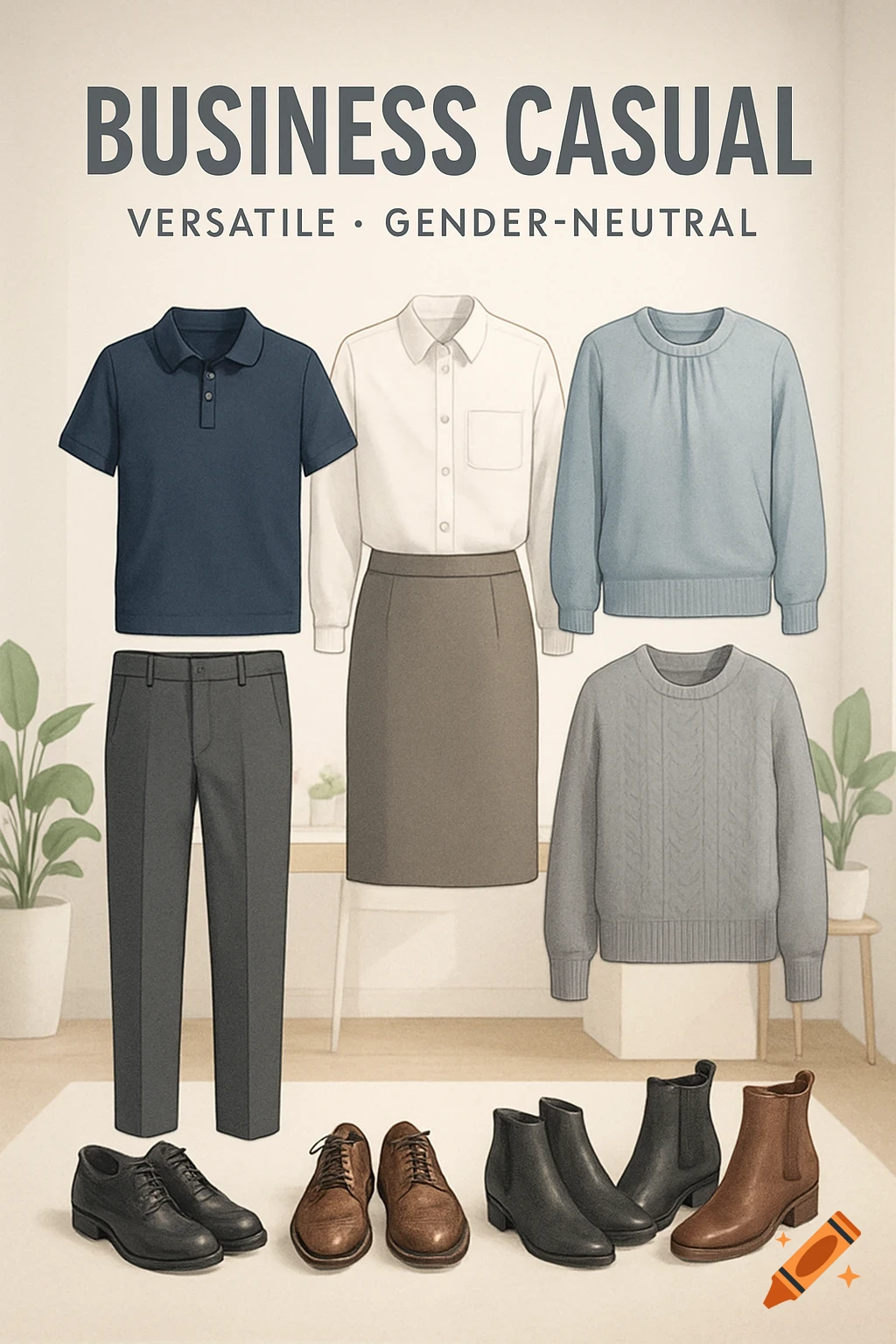 Illustrated poster displaying gender-neutral business casual clothing options including shirts, pants, a skirt, sweaters, and various leather shoes and boots.