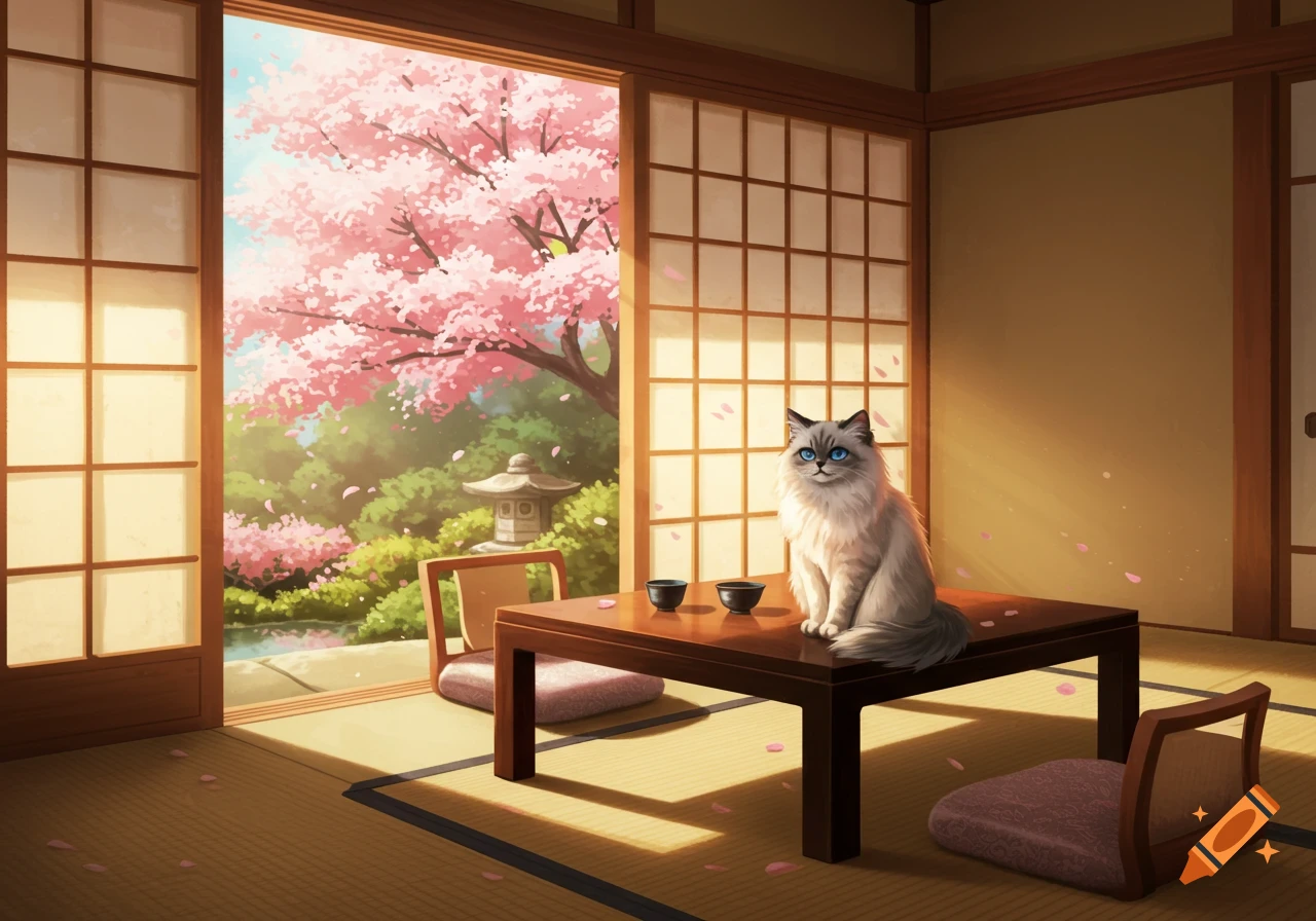 A fluffy cat with blue eyes sits on a low wooden table in a traditional Japanese room, overlooking a cherry blossom garden.
