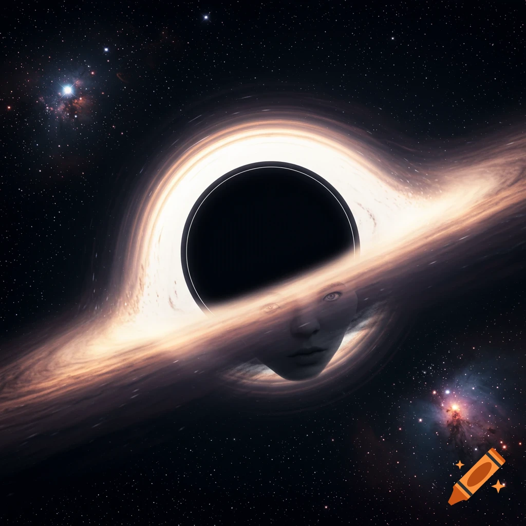 A photorealistic black hole with a bright accretion disk in deep space, featuring a human face emerging from within the swirling gas.