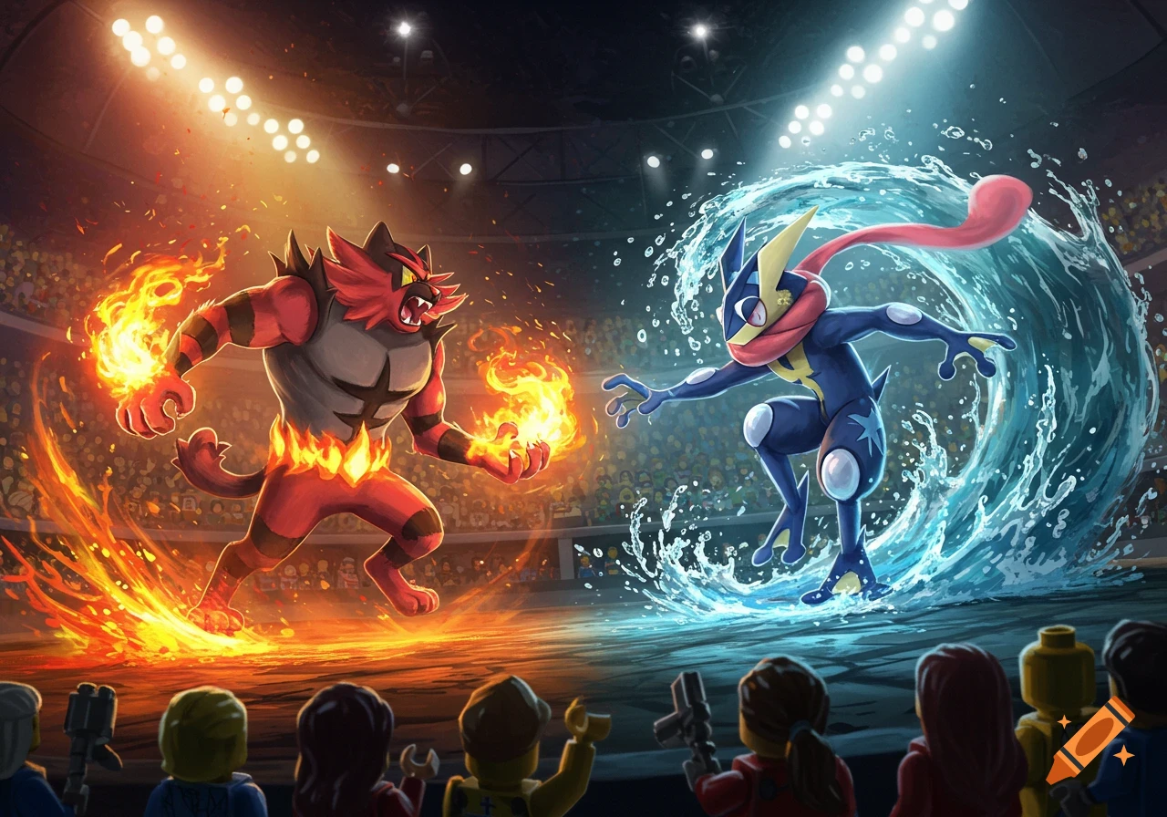 Incineroar and Greninja Pok mon battle with fire and water attacks in an arena, with Lego minifigure spectators.