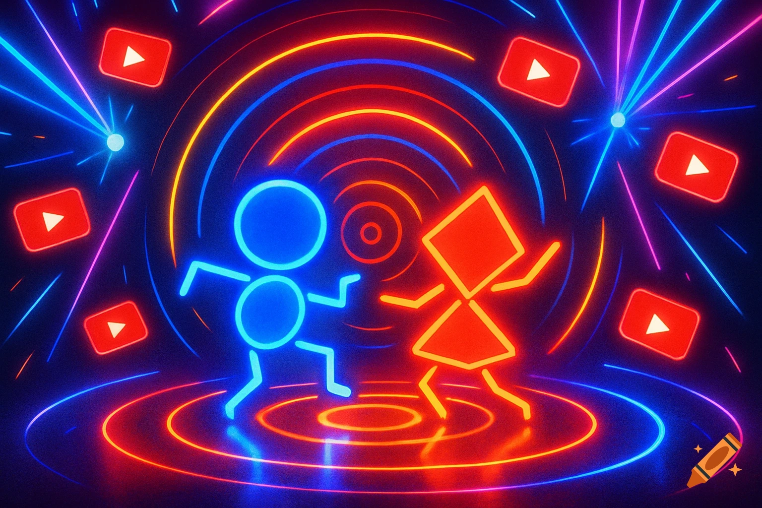 Two glowing neon stick figures, one blue and one orange, dance on concentric rings, surrounded by light rays and YouTube logos in a dark, vibrant setting.