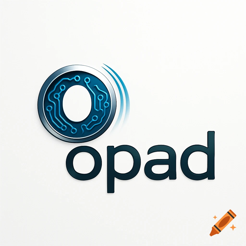 Minimalist tech logo for 'opad' with a circuit board 'O' and flowing blue lines.
