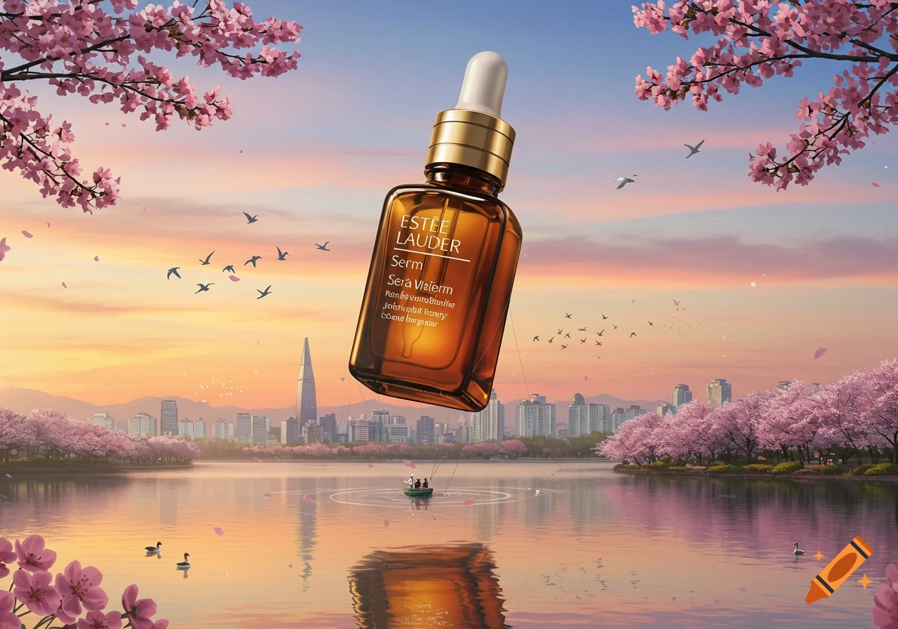 A giant Est arring pink cherry blossoms and a city skyline at sunset. It floats over Seokchon Lake in Seoul.