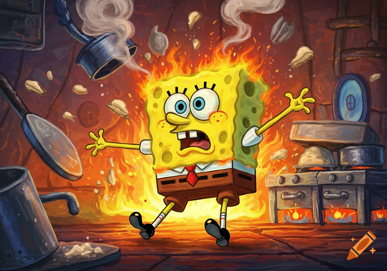 Spongebob Squarepants looks terrified, surrounded by flames in a chaotic cartoon kitchen.