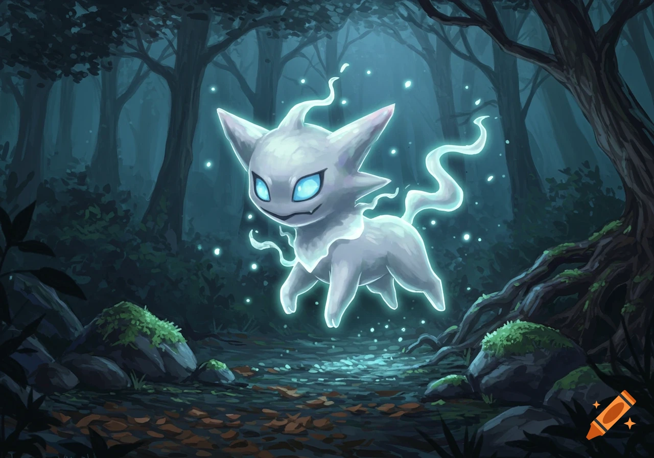 A glowing white ghost-like creature with blue eyes hovers in a dark, mystical forest with scattered blue light particles.
