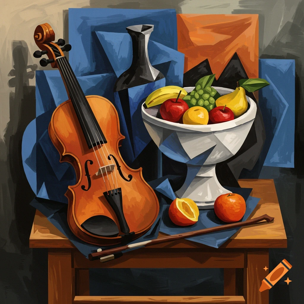 A cubist still life painting depicting a violin, a bow, and a bowl of fruit with a vase on a wooden table.