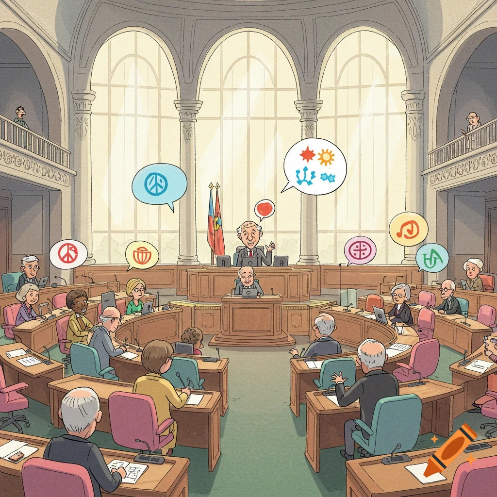 A diverse group of politicians debate in a parliament chamber, depicted in a children's comic style. Speech bubbles show various symbols.