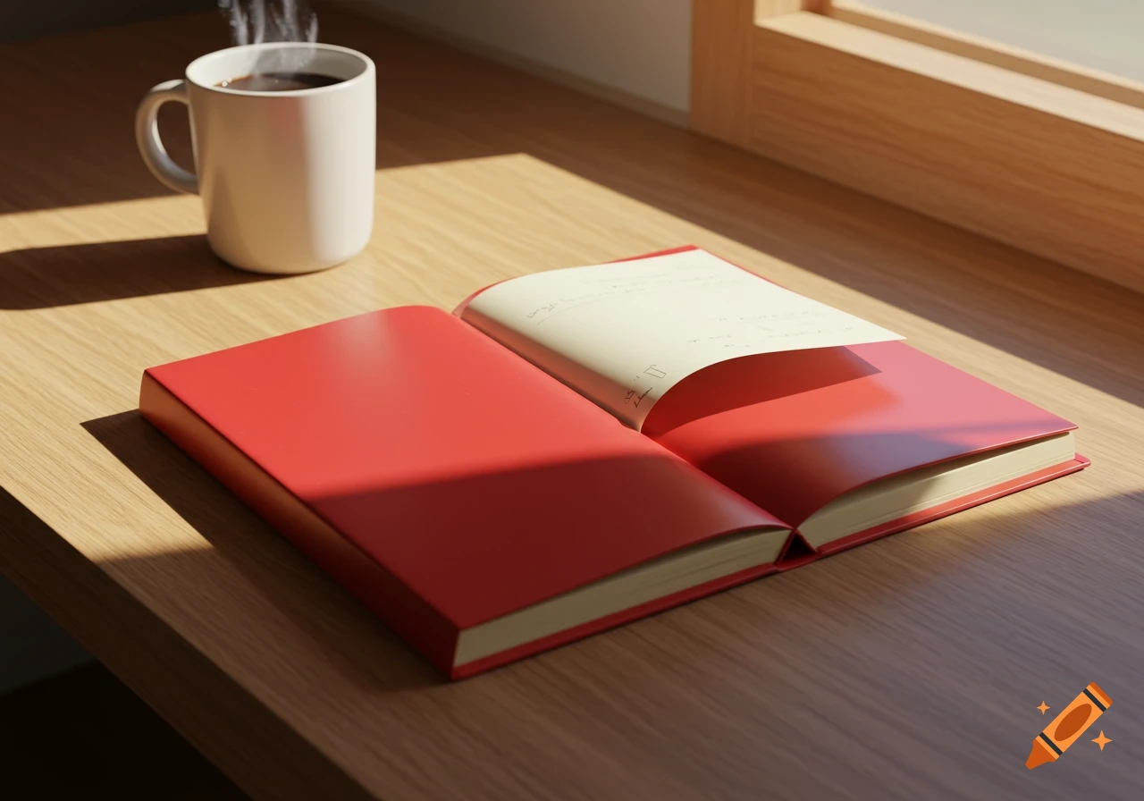 A red notebook and a steaming coffee cup sit on a sunlit wooden table next to a window in a photorealistic scene.