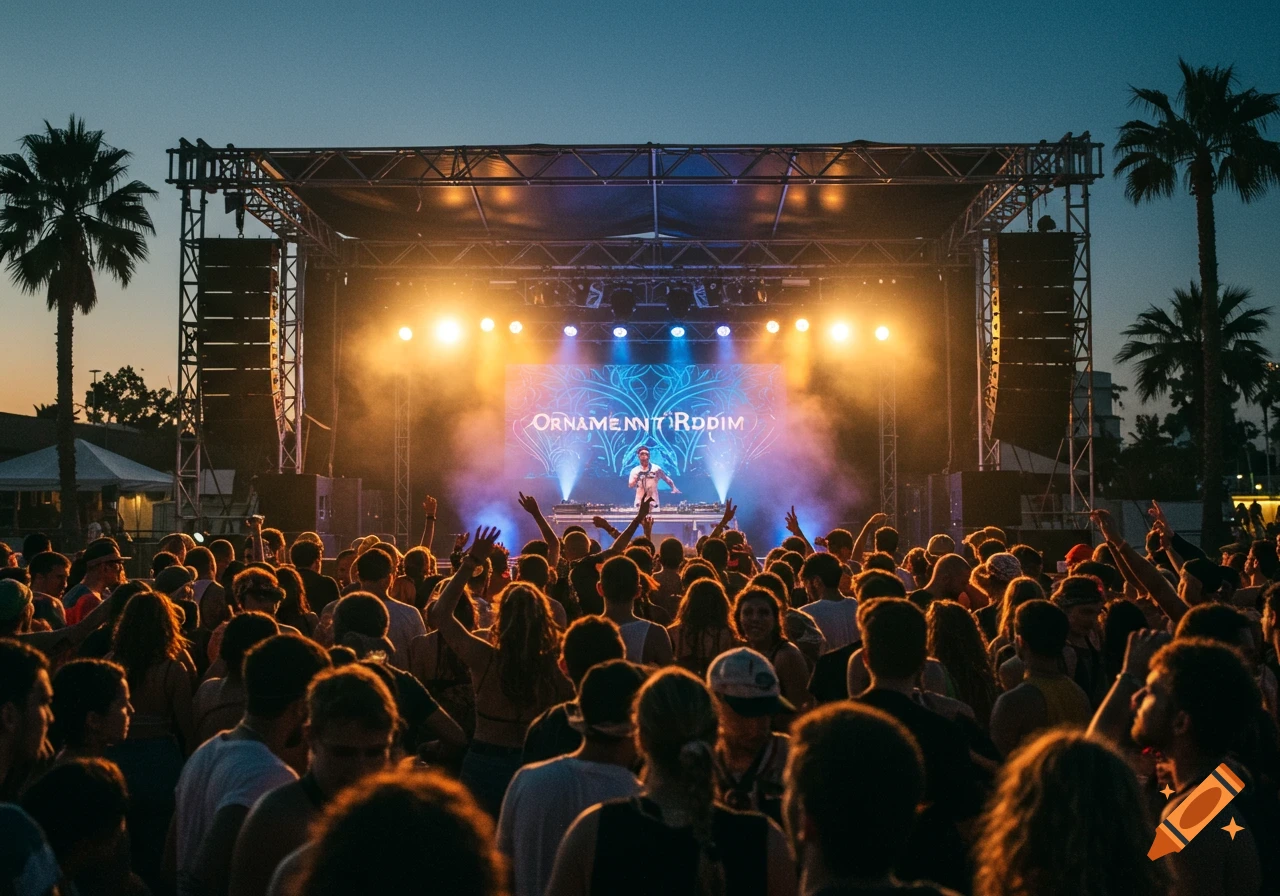 A large crowd gathered at an outdoor music concert at dusk, with a DJ performing on stage illuminated by bright lights and palm trees in the background.