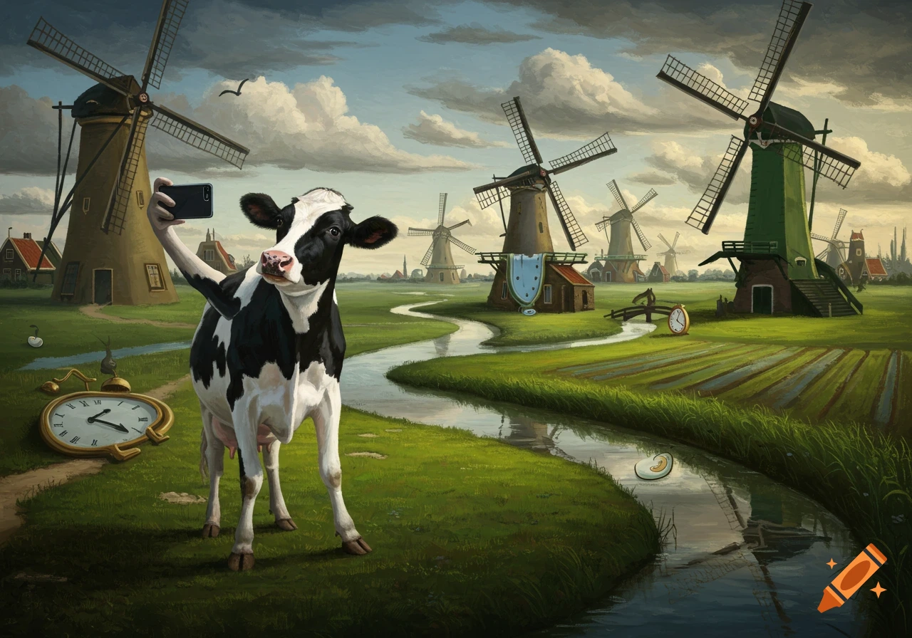 A black and white cow taking a selfie in a surreal, painterly Dutch landscape with windmills, canals, and melting clocks.