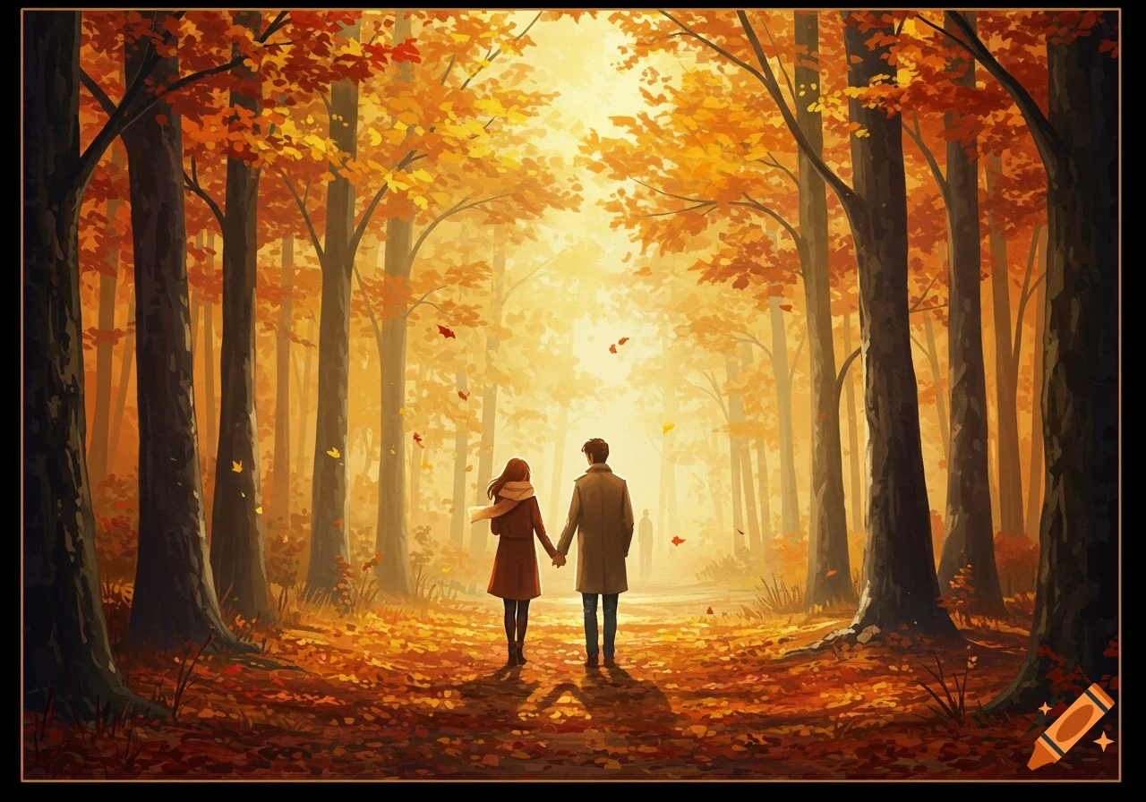 A couple walks hand-in-hand down a sun-drenched path through a vibrant autumn forest, digital illustration.