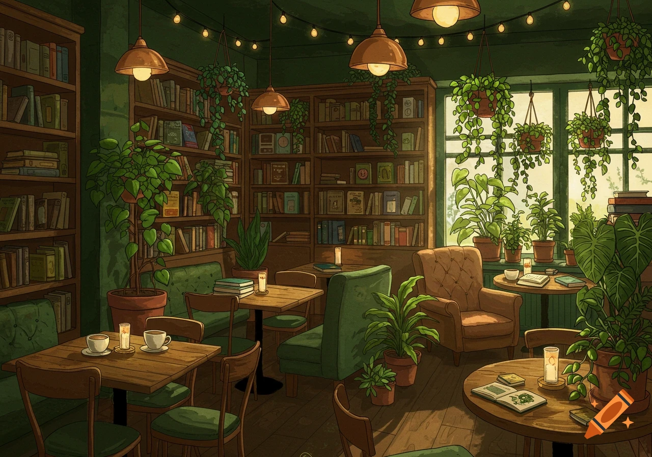 A warm-toned, illustrative book cafe interior filled with green plants, wooden bookshelves, comfortable armchairs, and tables with coffee cups and candles.