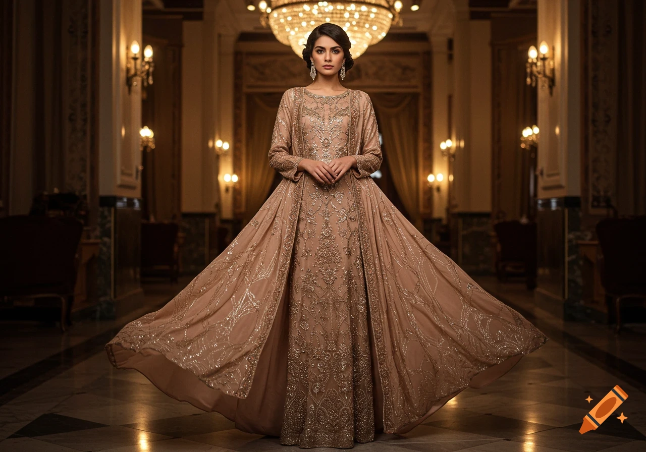 A woman in a beautiful, flowing, embellished beige gown stands in a grand, luxurious hall under a chandelier.