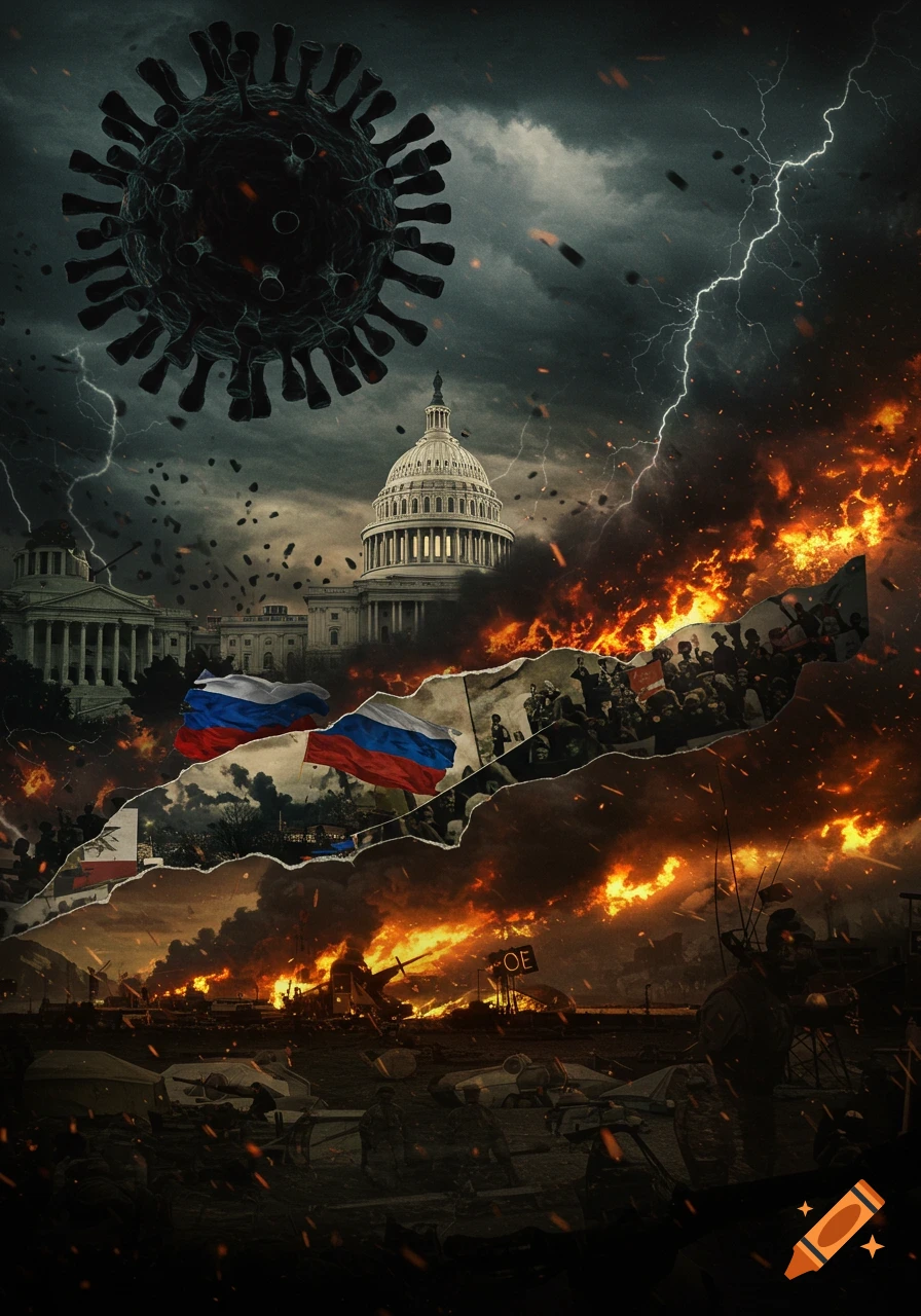 A dark, stormy collage depicts global crises: a large COVID-19 virus, the US Capitol, lightning, fires, Russian flags, and crowds.