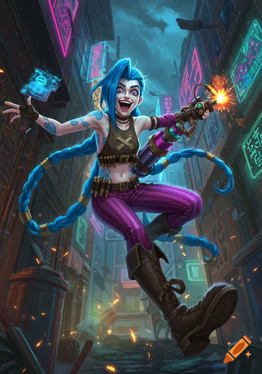 A stylized illustration of Jinx, a blue-haired character, leaping and firing a weapon in a neon-lit cyberpunk city.