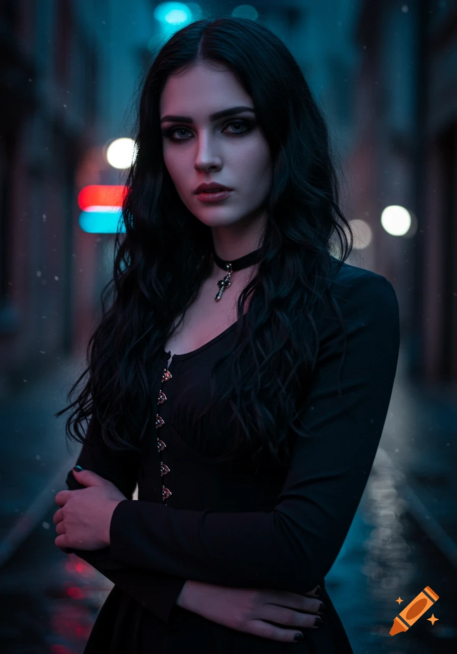 A young woman with dark hair and pale skin, wearing a black gothic dress, stands in a moody, neon-lit city street at night.