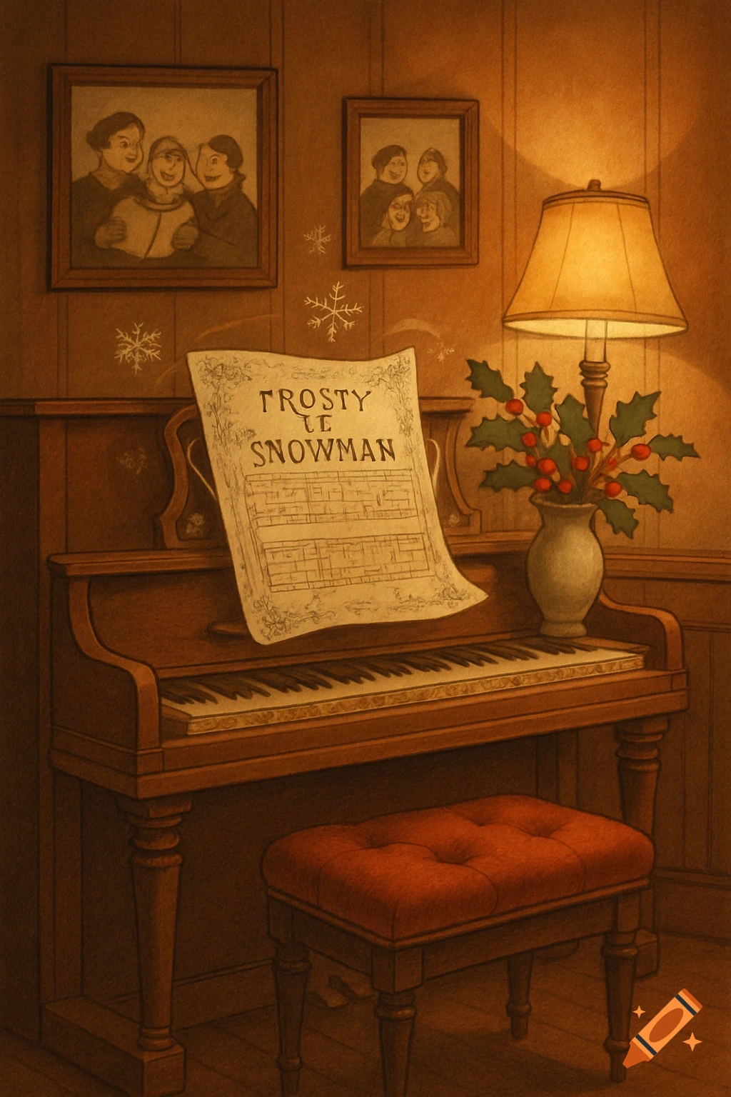 An old-fashioned piano with 'Frosty the Snowman' sheet music, a lamp, and holly in a cozy, sepia-toned room.