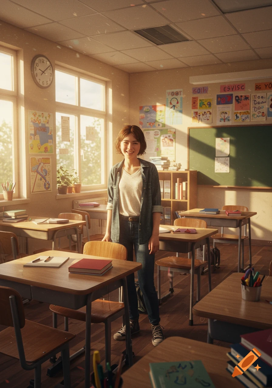 A smiling young woman in a denim shirt and jeans stands in a sunlit classroom, with desks, books, and posters in the background. Photorealistic style.