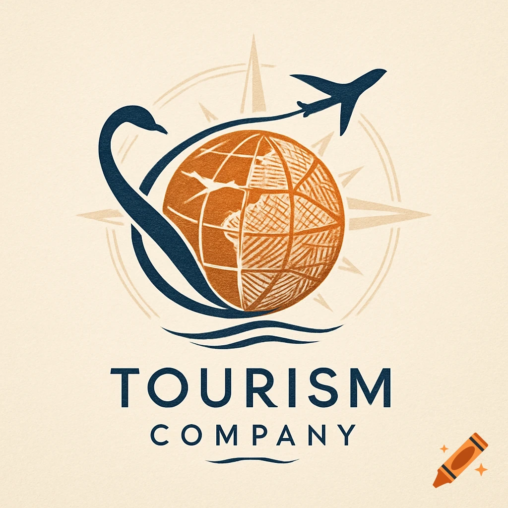 Tourism company logo with an orange globe, dark blue swan, and airplane against a compass rose background, with 'TOURISM COMPANY' text below.