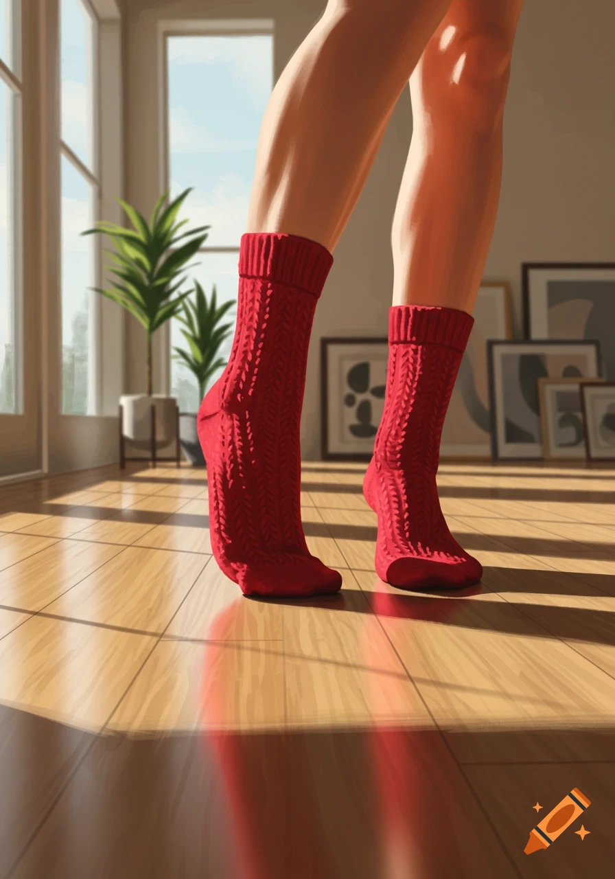 A person's lower legs and feet wearing red knitted socks, standing on a wooden floor in a sunlit room.