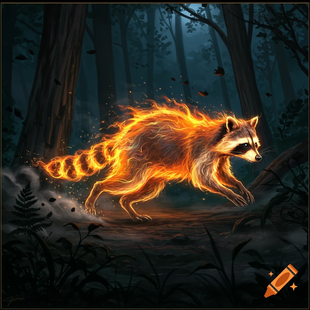 A raccoon, ablaze with fire and smoke, runs swiftly through a dark, mystical forest at night in an illustration.