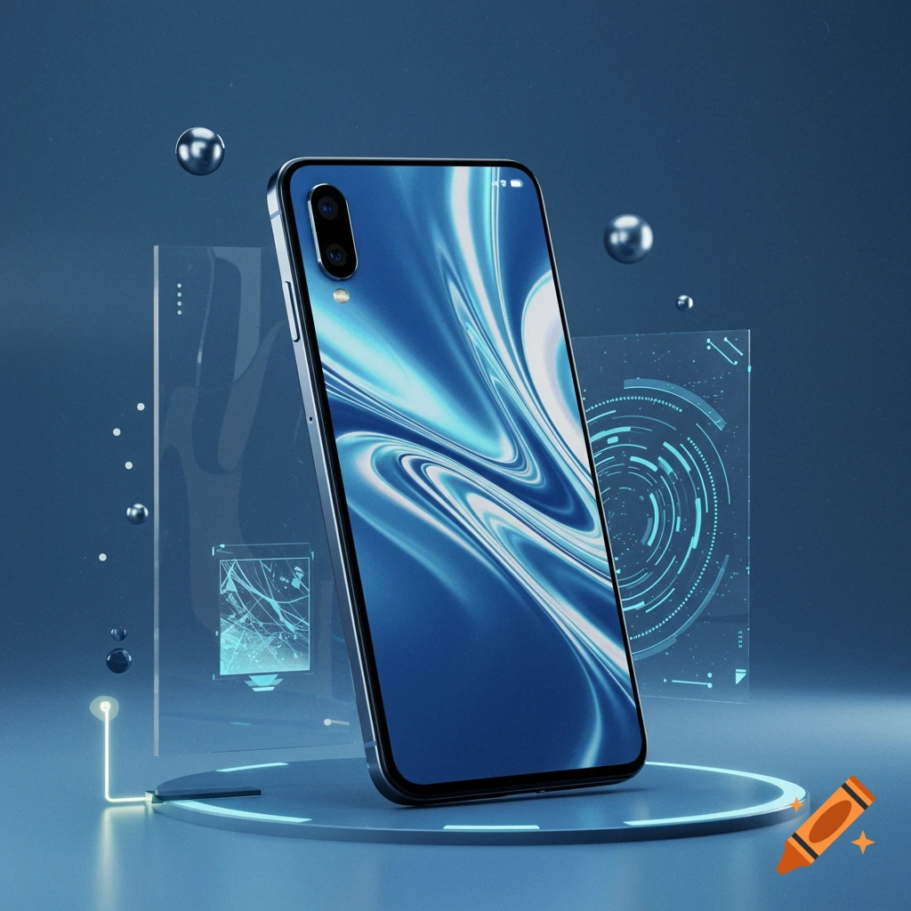 A modern smartphone with a swirling blue wallpaper on a light-up circular platform in a futuristic blue environment with holographic screens and metallic orbs.