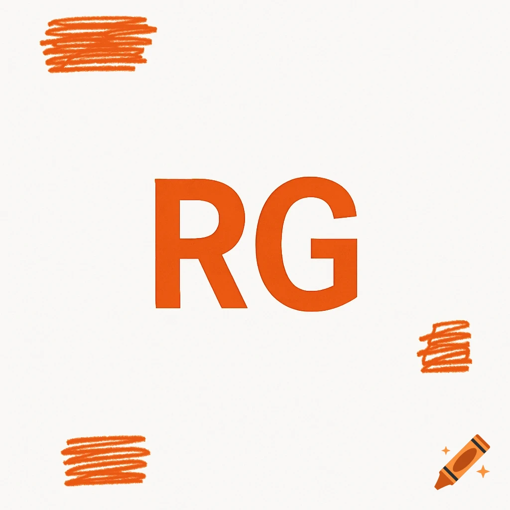 A minimalist design on a white background with large orange letters 'RG' in the center, and three orange scribble blocks at the corners.