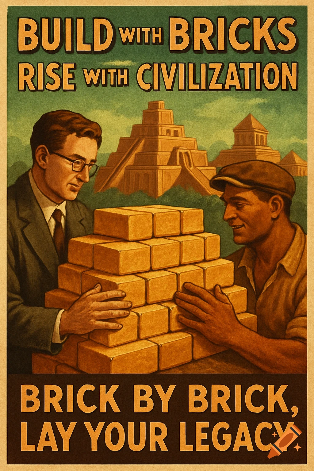 Vintage poster: two men stack bricks with pyramids behind. Text: 'BUILD with BRICKS RISE with CIVILIZATION'.
