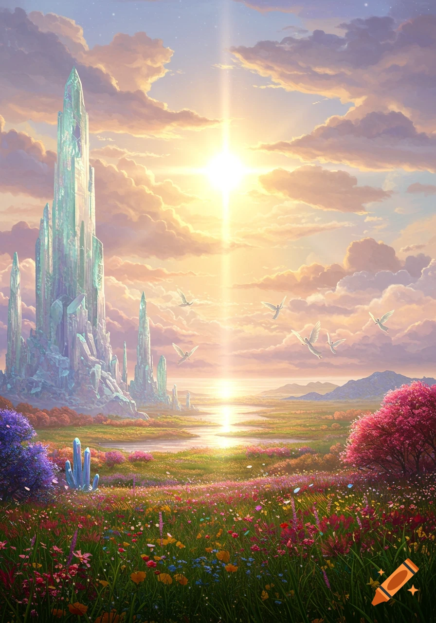 A vibrant fantasy landscape with a towering crystal castle, a winding river, and a field of colorful wildflowers under a glowing sky with flying creatures.