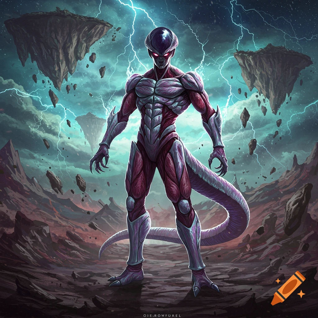 A muscular purple and white alien character stands in a desolate, stormy landscape with floating islands and lightning.