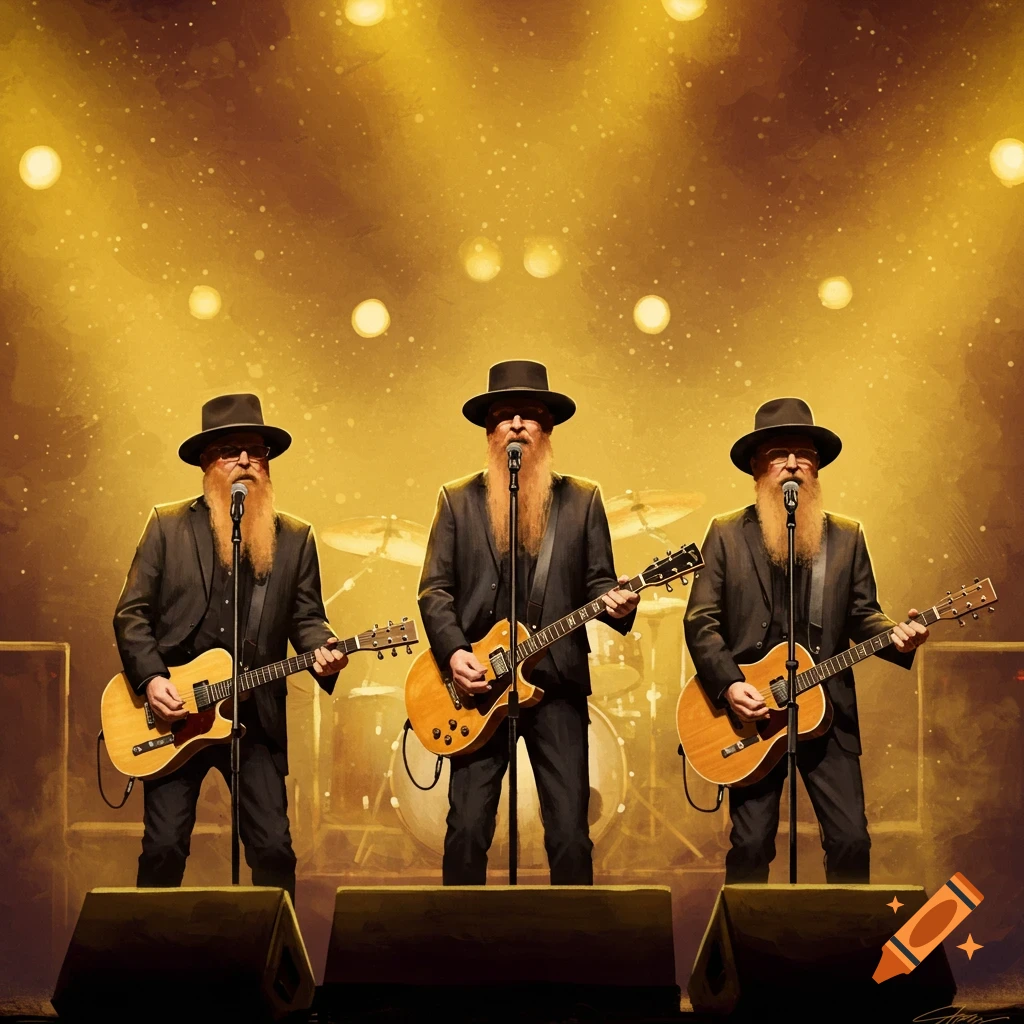 Three bearded men in black suits and hats play guitars on a stage under bright golden spotlights in a painterly style.