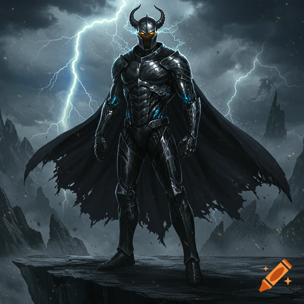 A dark armored figure with horns, glowing eyes, and a tattered cape stands on a rocky cliff under a stormy, lightning-filled sky.