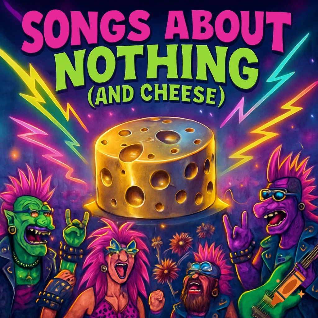 Vibrant punk rock album cover 'Songs About Nothing (and Cheese)' with cartoon monsters, a giant cheese wheel, and neon lightning.