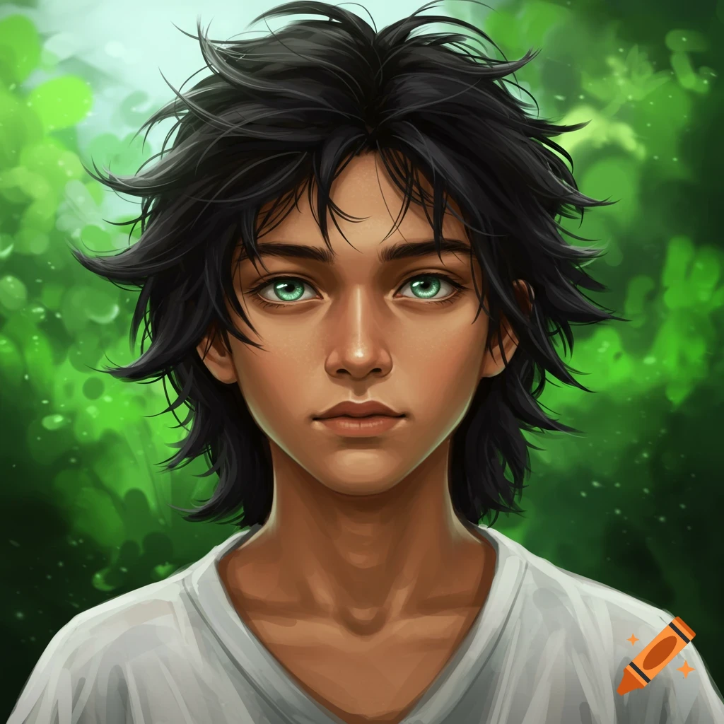 A digital art portrait of a tanned boy with messy black hair and bright green eyes, set against a blurry green foliage background.