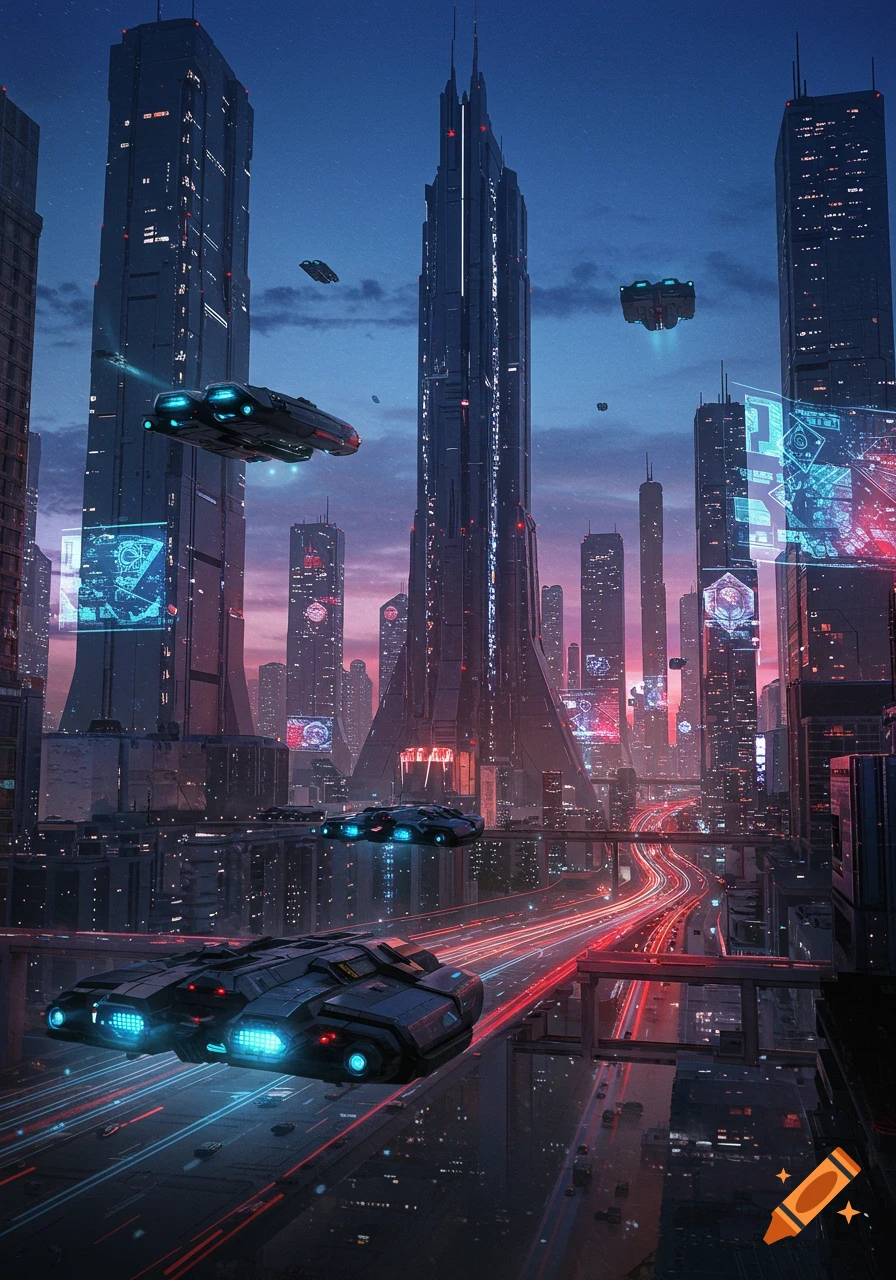 A futuristic cityscape at dusk with towering skyscrapers, glowing highways, and flying vehicles with bright blue lights.