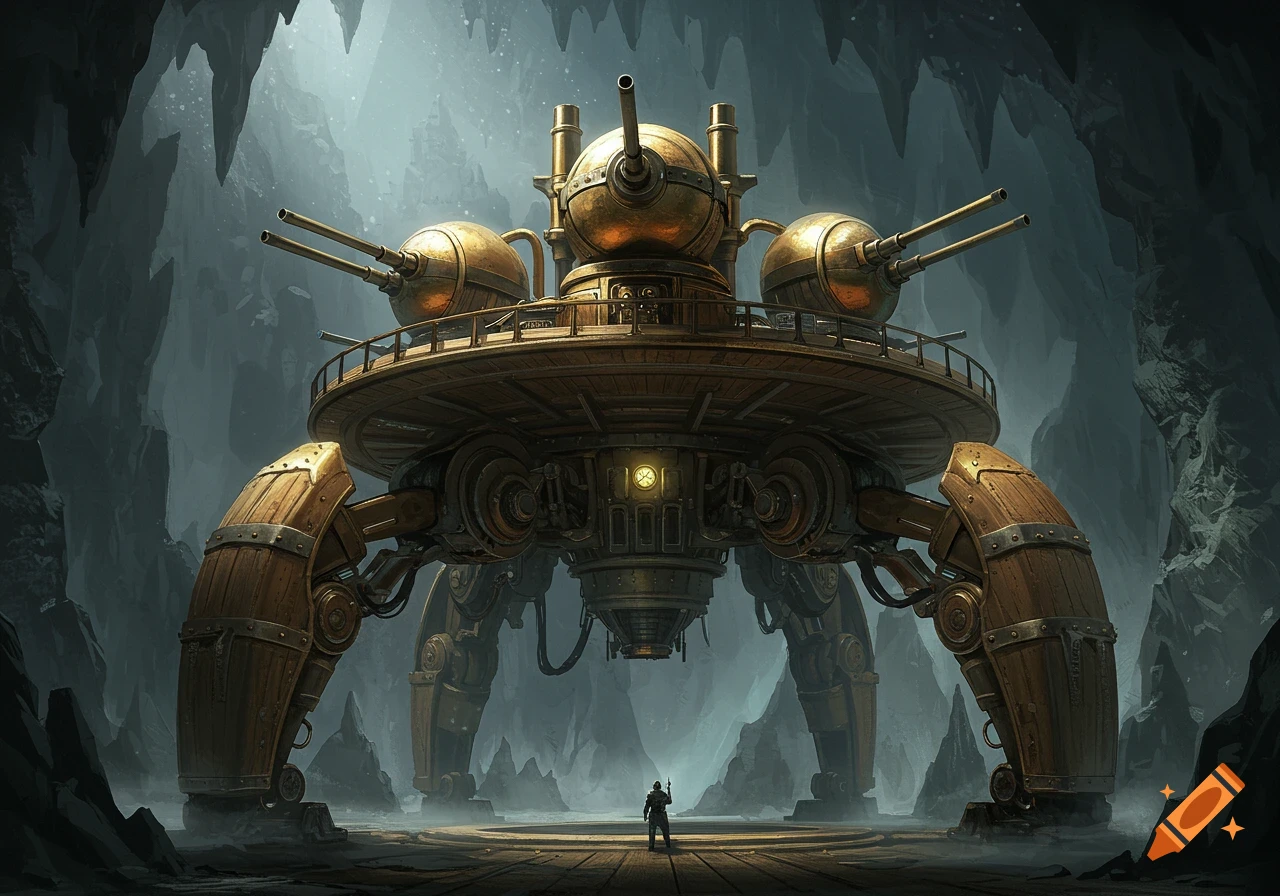 A colossal, ornate steampunk walking machine with turrets stands in a dramatic, vast cavern, dwarfing a small figure below.
