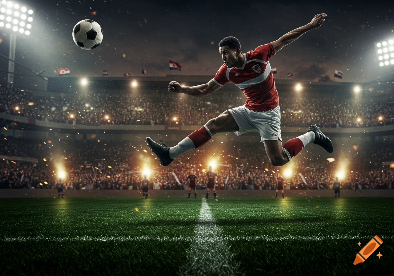 Photorealistic image of a male soccer player in red and white uniform jumping to kick a football in a brightly lit stadium.