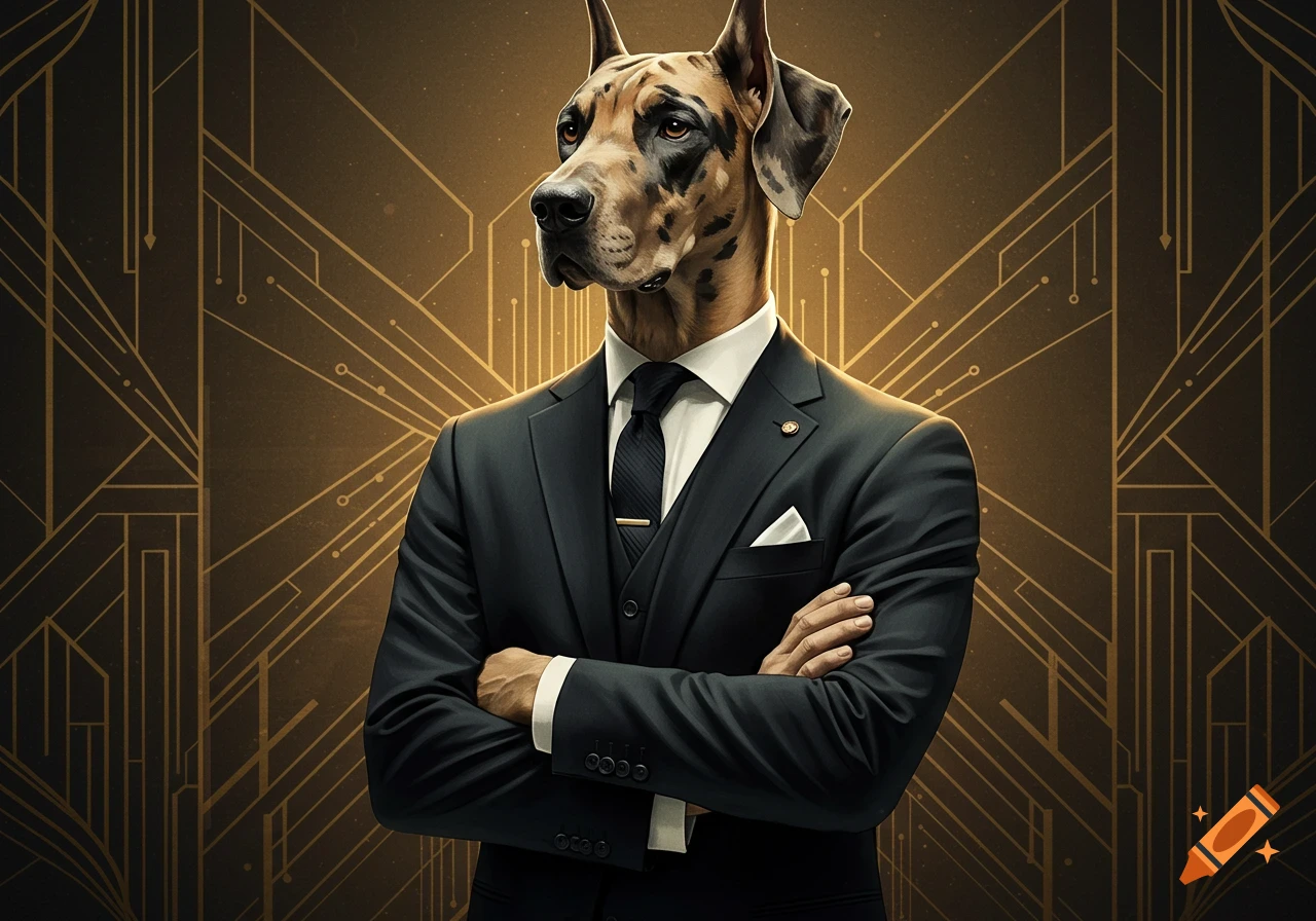 An anthropomorphic Great Dane in a dark suit with arms crossed, against a golden Art Deco background.