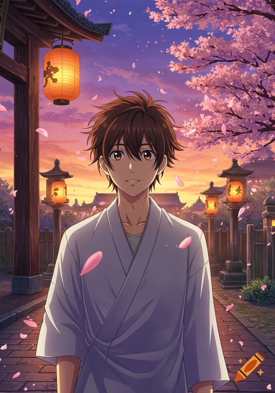 Anime young man in a kimono walks through a cherry blossom path at sunset, past traditional Japanese lanterns.