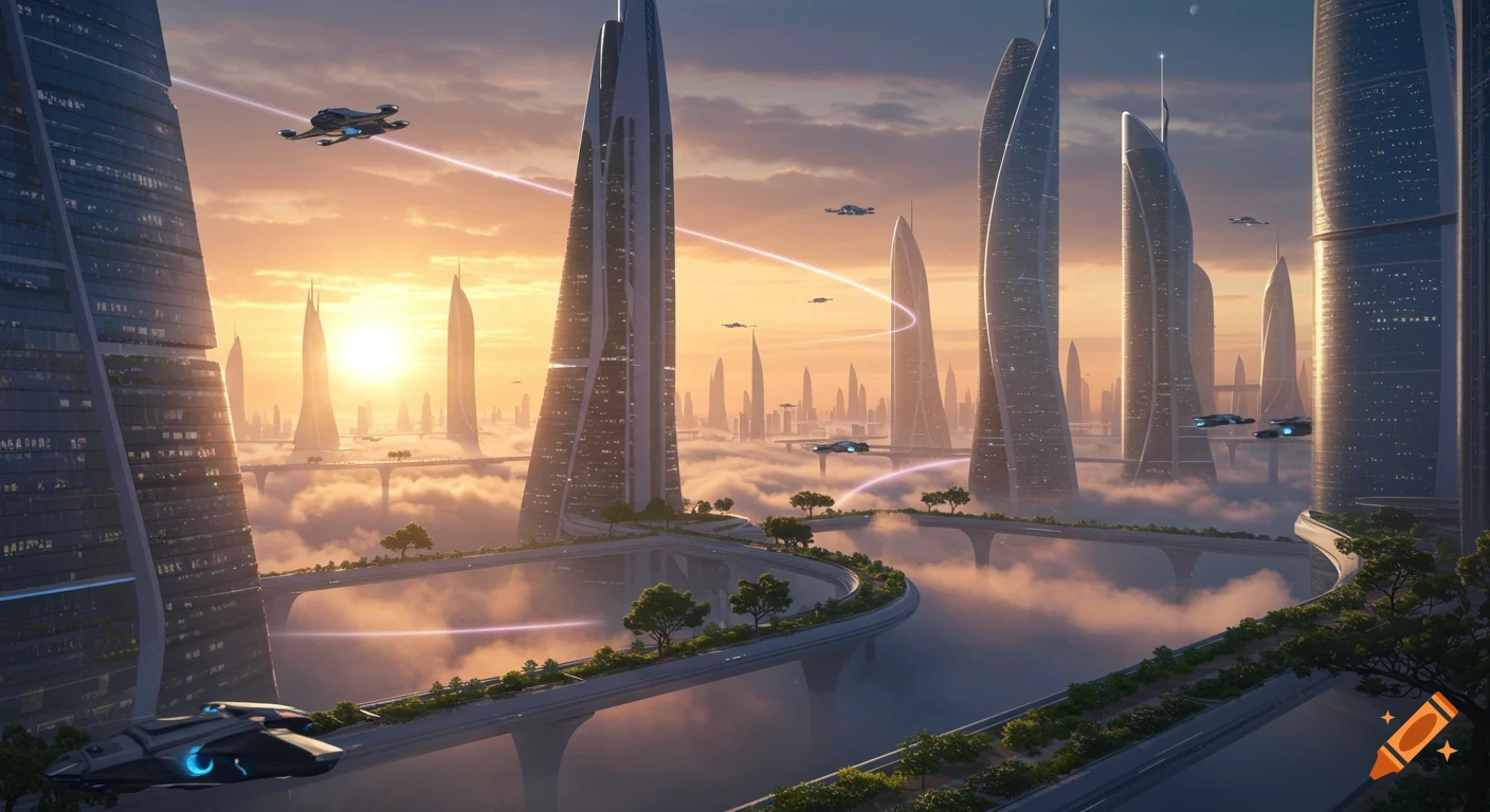 A photorealistic futuristic cityscape at sunrise with towering skyscrapers, elevated roads, flying vehicles, and clouds.