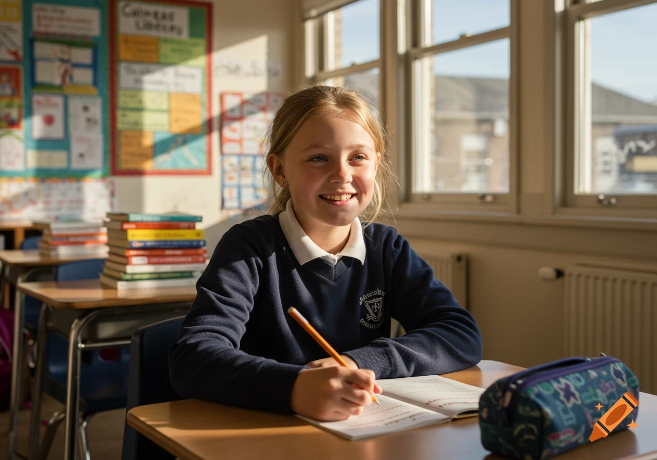 Smiling young girl in a blue sweater writes in a notebook at a desk in a sunlit classroom with books.
