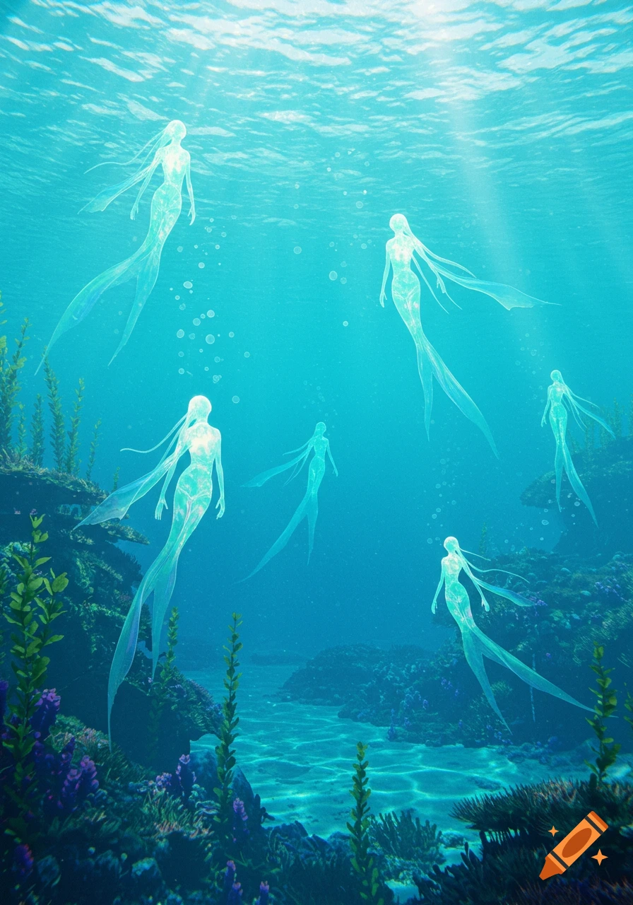 Six ethereal, translucent mermaid-like figures swim gracefully in a vibrant blue underwater world with coral and light rays.