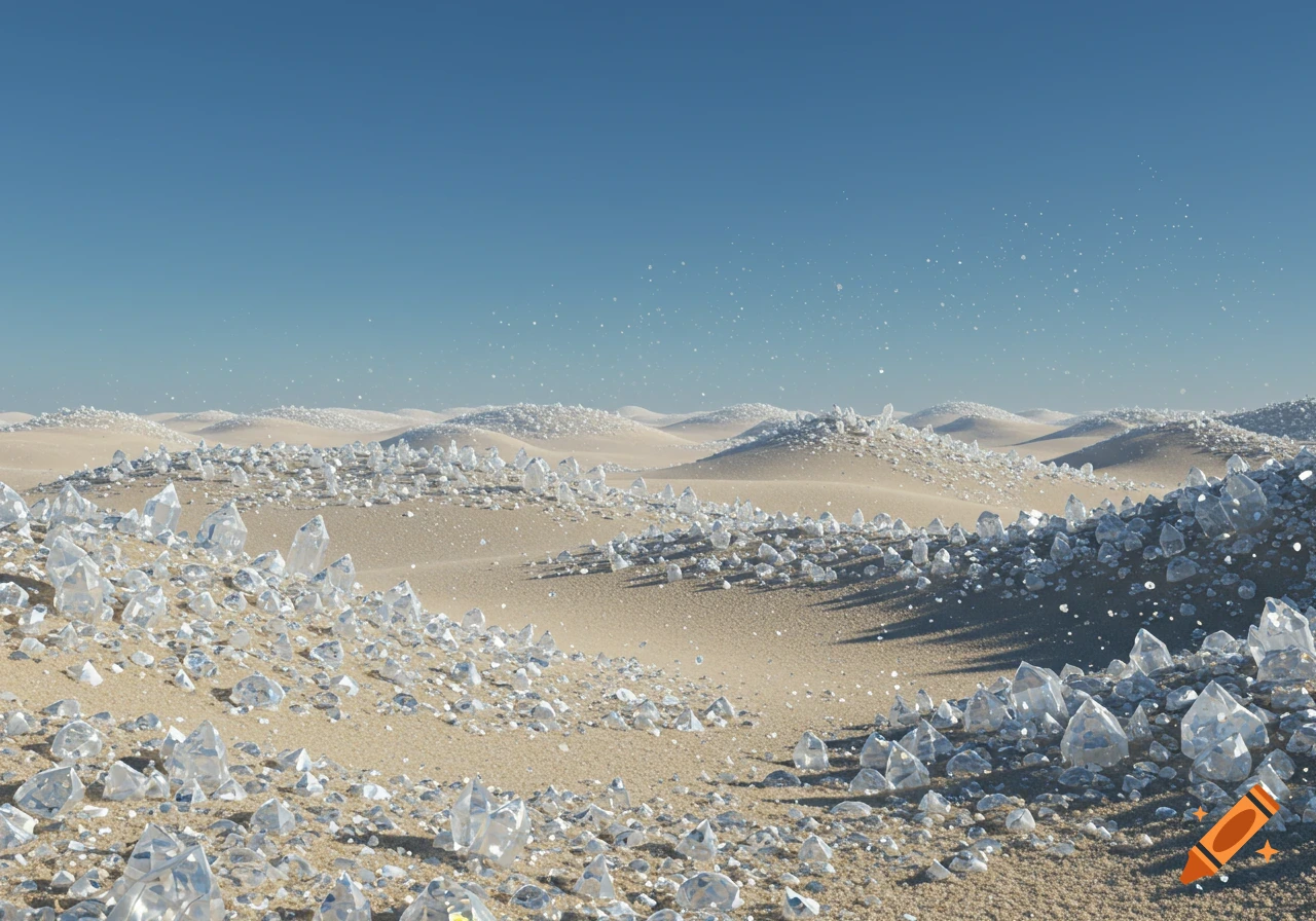 A vast desert landscape filled with countless shimmering diamond crystals instead of sand under a clear blue sky, sparkling with tiny dust motes.