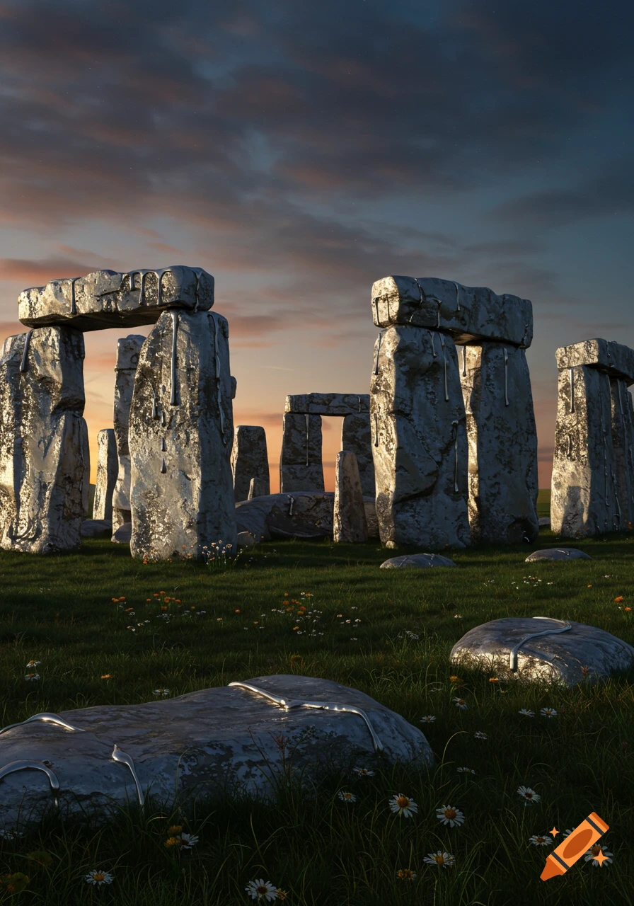 Metallic Stonehenge-like structures with dripping effects stand in a grassy field dotted with wildflowers under a vibrant sunset.