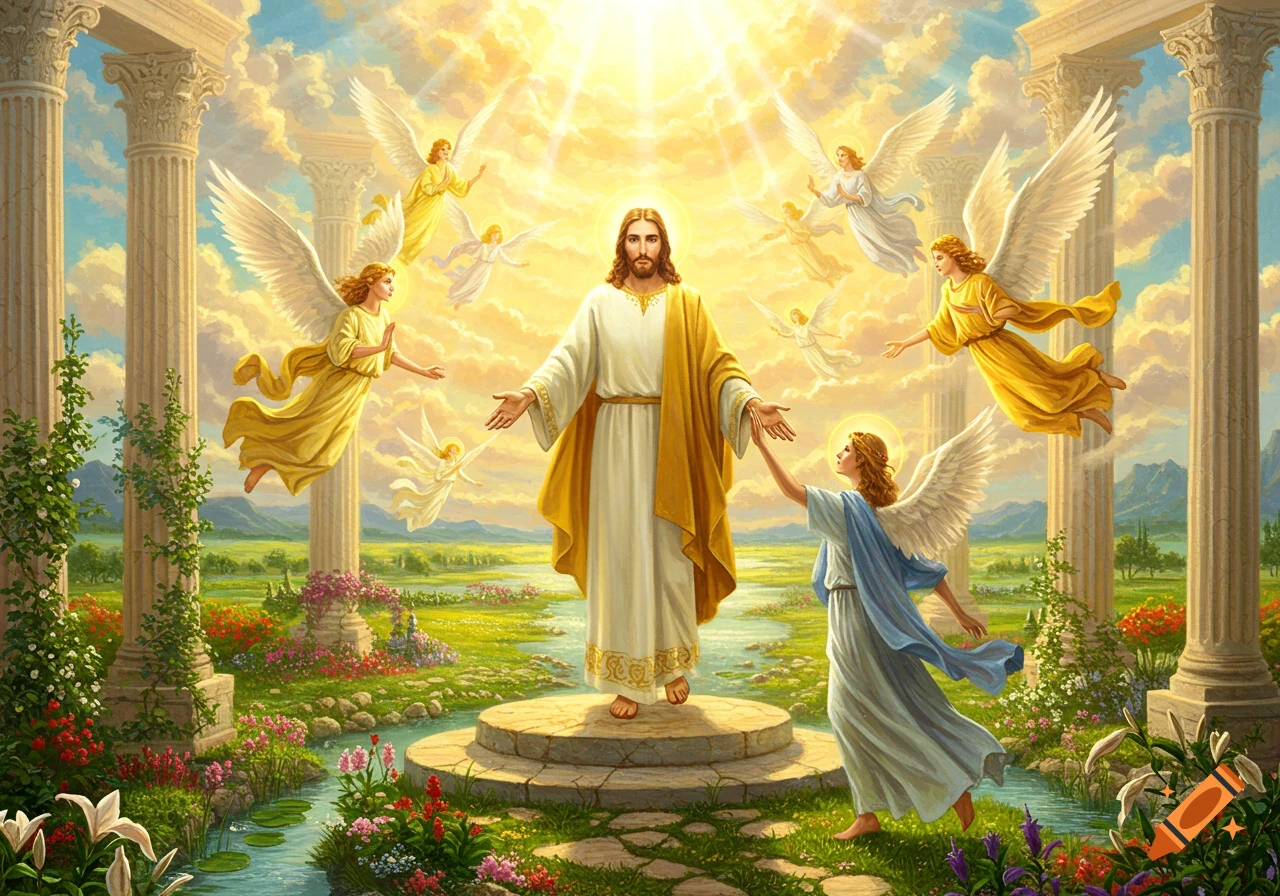 Jesus stands with open arms in a vibrant garden with classical columns, surrounded by angels flying in golden sunlight.
